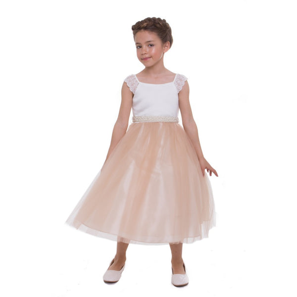 Petite Adele Little Girls Champagne Lace Cap Sleeved Flower Girl Dress 2T-6 - SophiasStyle.com